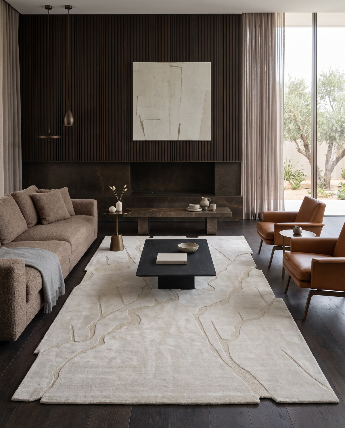 A modern living room features a brown sofa, two tan chairs, and a black coffee table atop the RAMSHA HOME Modern Viscose & Wool Handmade Carpet 200x300 – HTWV-172. Vertical wood wall panels, abstract art, and large windows with sheer curtains complete the serene, minimalist decor.