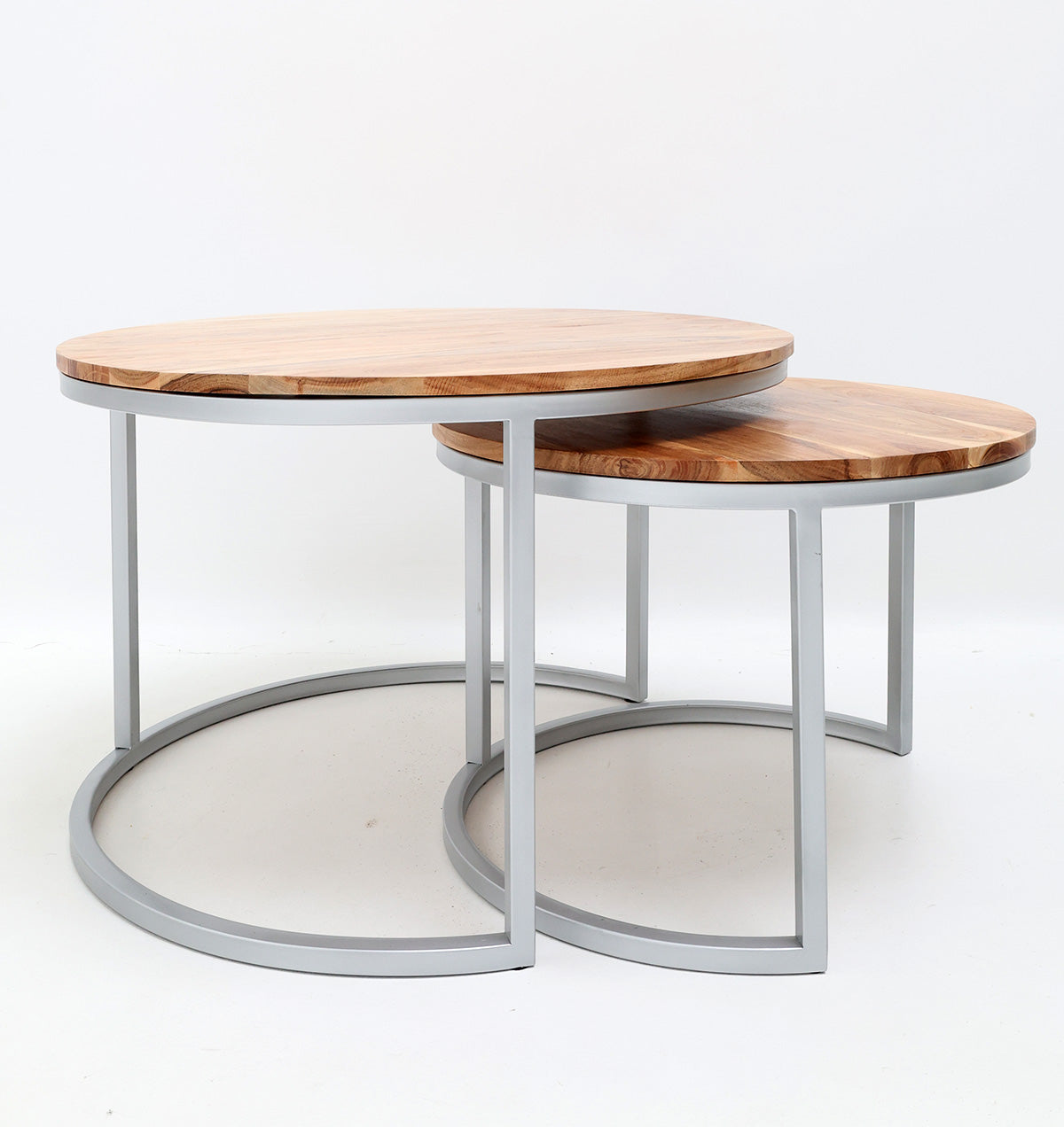 The RAMSHA HOME Modern Nesting Coffee Table Set (GH-001) features two round wooden top tables with light gray metal frames, arranged with the smaller table partially beneath the larger on a plain white background.