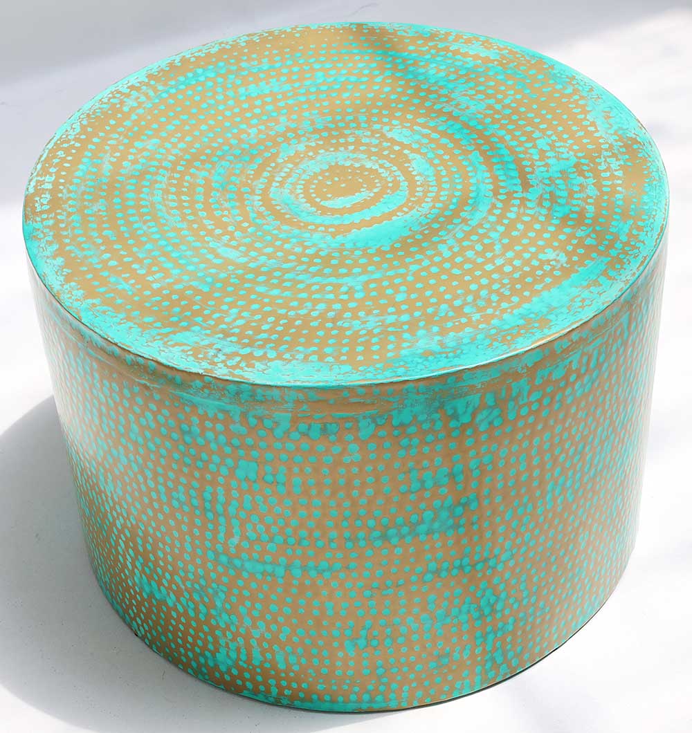 The Modern Round Coffee Table With Spray Platina Color GH-006 by RAMSHA HOME features a gold base and turquoise dotted concentric patterns on top and sides, displayed on a white surface.