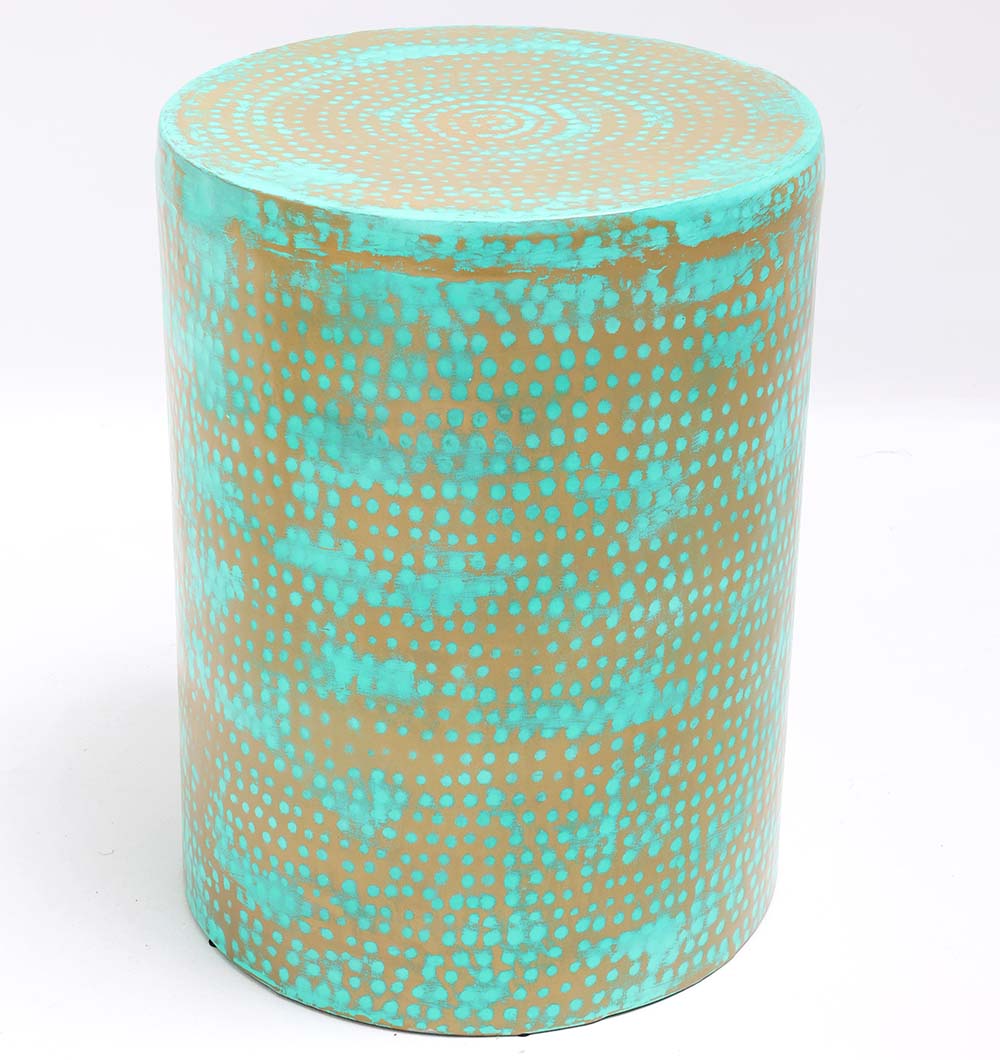 The RAMSHA HOME Modern Round Coffee Table With Spray Platina Color GH-007 features a cylindrical design with a brown base and turquoise dotted pattern covering the top and sides, shown against a plain white background.