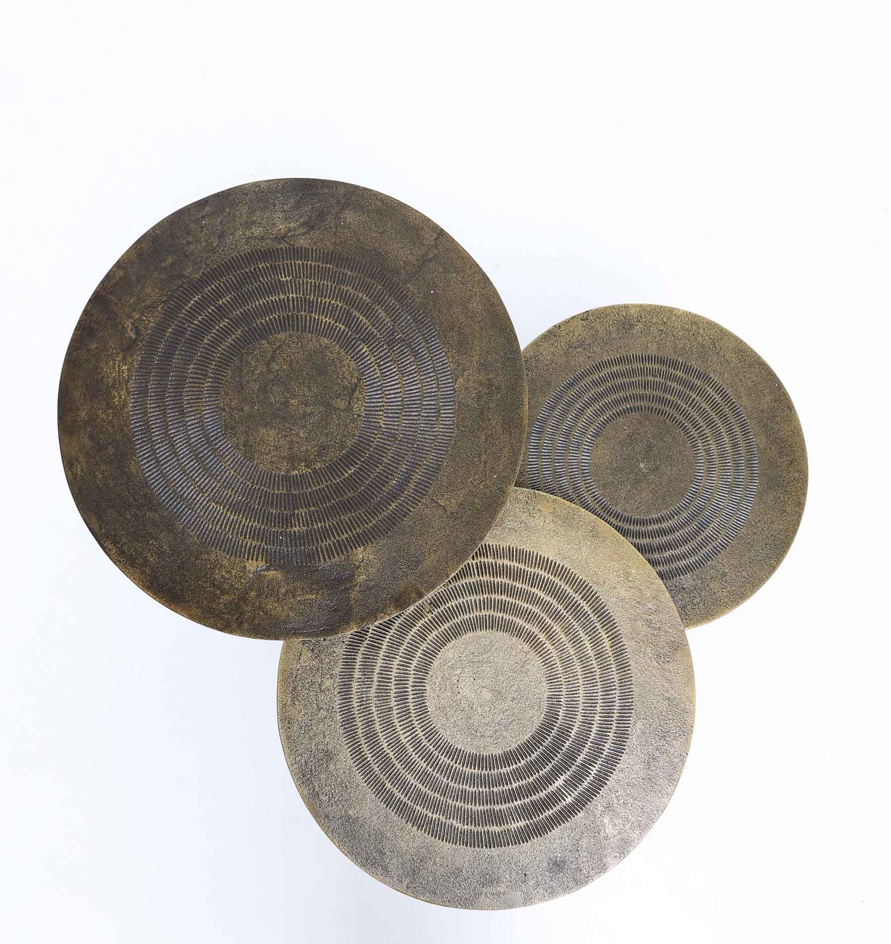 The RAMSHA HOME Set of 3 Modern Nesting Side Tables (GH-070) features round trays with radial patterns and a distressed antique brass finish on black iron bases, ideal for stylish modern coffee table setups.