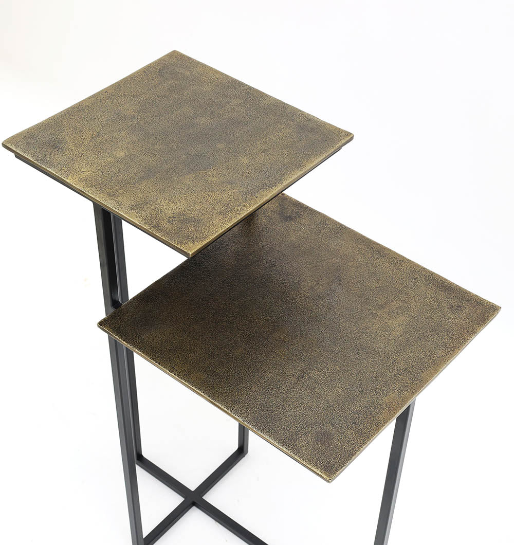 The RAMSHA HOME Modern Dual-Tier Side Tables (GH-075-A) feature square antique brass tops and slim black iron bases at varying heights—ideal for modern spaces.