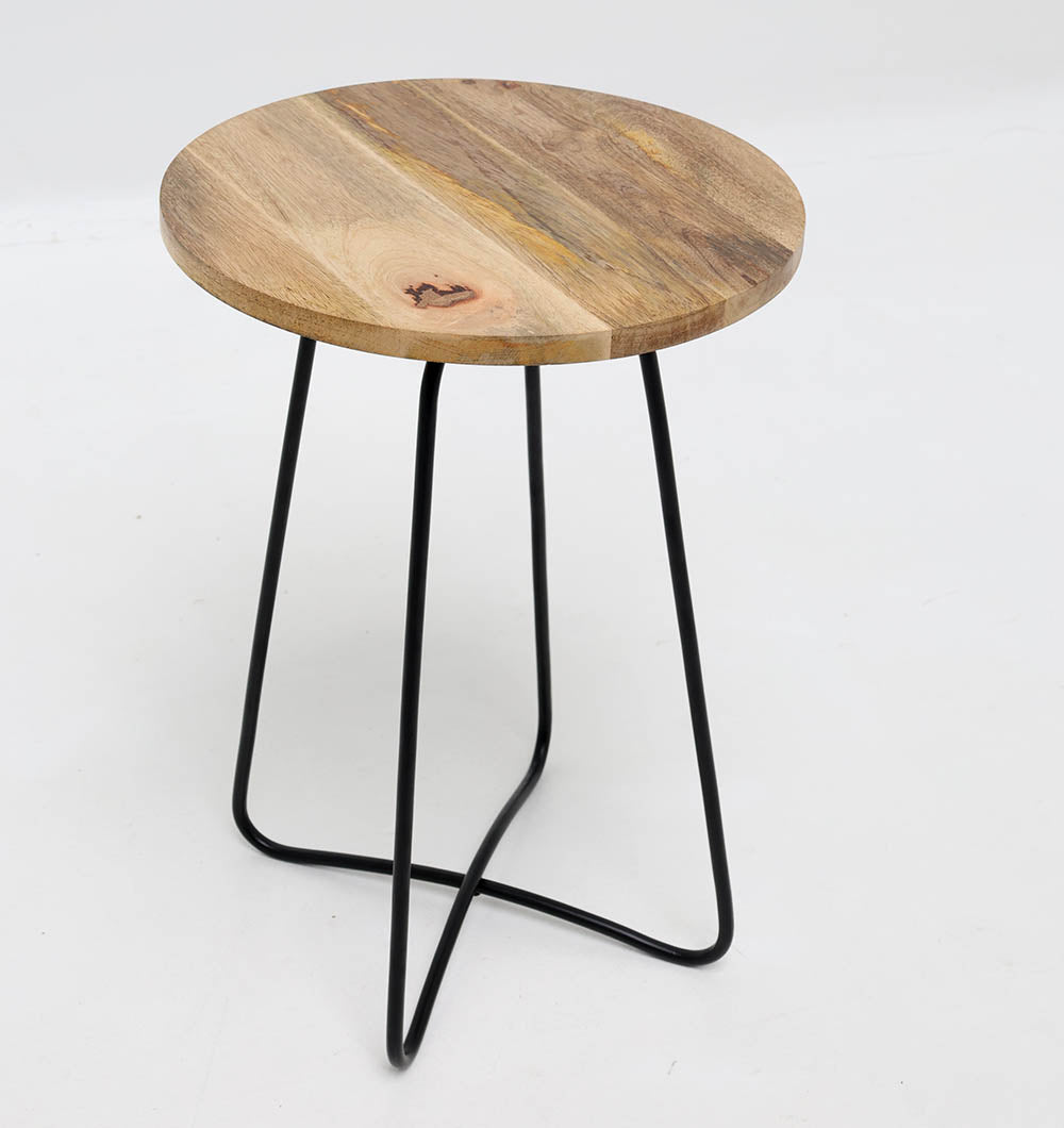 The RAMSHA HOME Modern Round Side Table GH-075-C features a natural wood top and black iron base with a black powder finish, set against a plain white background.