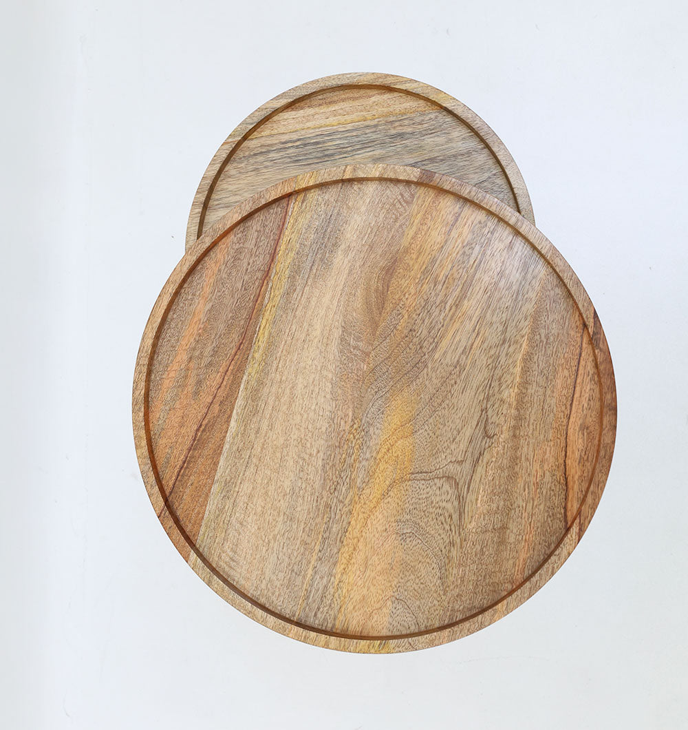 The RAMSHA HOME Set of 2 Wooden Nesting Side Tables features solid wood tops with natural grain and smooth, raised edges on a black iron base—stylish accents perfect for wood top displays or nesting arrangements.