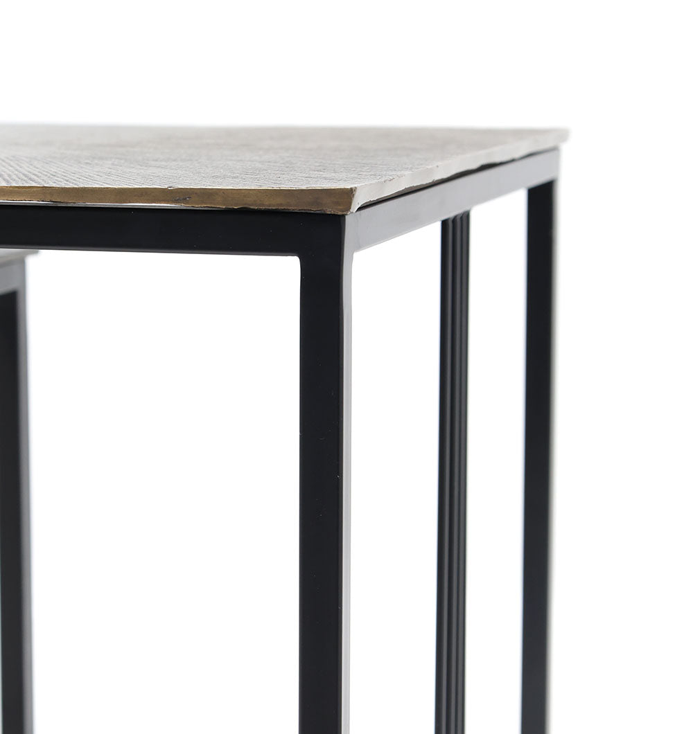 Close-up of RAMSHA HOME Modern Two-Tier Side Tables (GH-078-A) featuring natural & silver powder finish tops and a black iron base, highlighting their minimalist and industrial design.