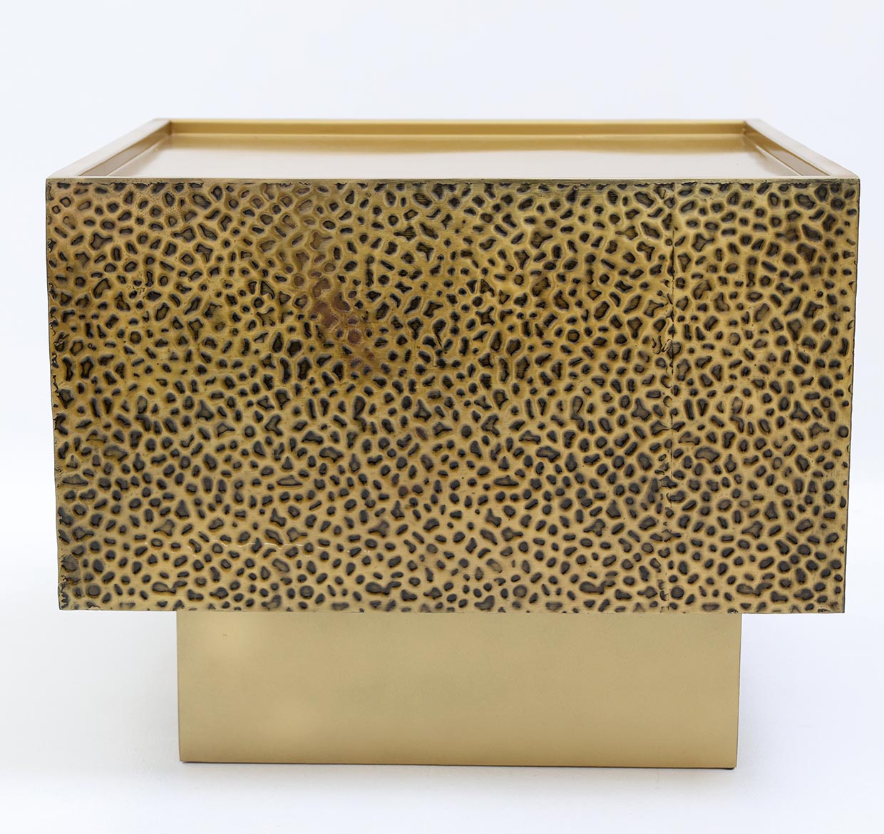 The RAMSHA HOME Luxury Square Iron Side Table (GH-086) features a golden finish and textured design, resting on a solid gold base—perfect to add modern edge against a plain white background.