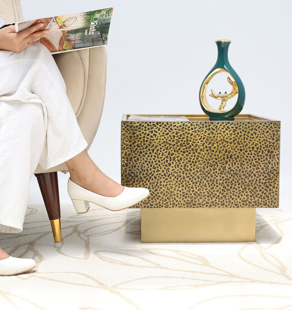 Luxury Square Iron Side Table – Golden Finish with Textured Design GH-086