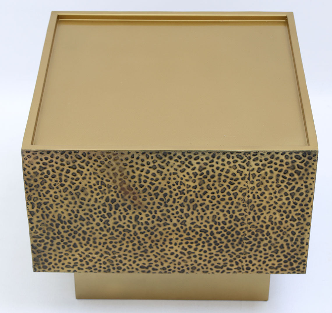 The RAMSHA HOME Luxury Square Iron Side Table GH-086 features a golden finish with a textured design and sits on a matching base—perfect for adding flair to modern spaces.