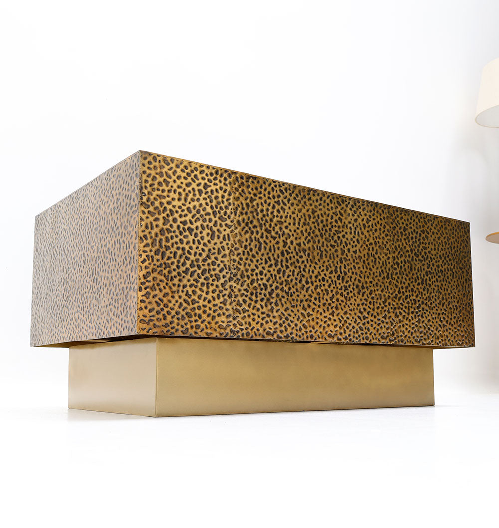 The RAMSHA HOME Luxury Rectangle Iron Side Table (GH-087) features a golden finish and textured design, set on a plain gold base against a white background.