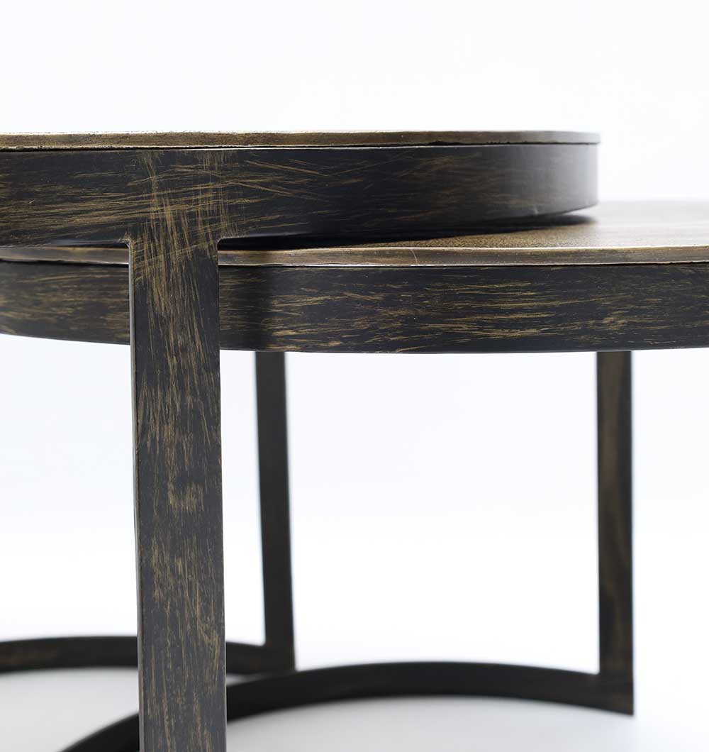 Close-up of RAMSHA HOME’s Modern Nesting Coffee Table Set (GH-089), featuring two round wooden-topped tables with sturdy black and gold metal frames, shown overlapping against a plain white background.