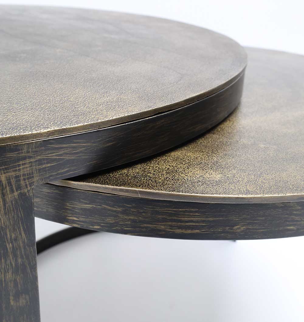 Close-up of the RAMSHA HOME Modern Nesting Coffee Table Set (GH-089) featuring two round tables with wooden tops and metal frames, partially stacked together against a plain background.