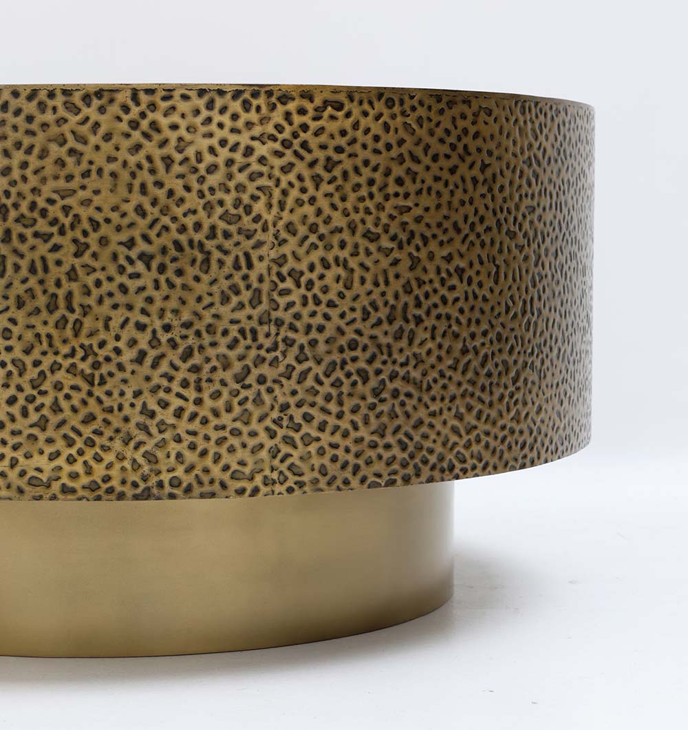 The RAMSHA HOME Luxury Round Iron Side Table GH-090 features a golden, antique-finish with textured sides and a smooth metallic base, showcased against a plain white background.