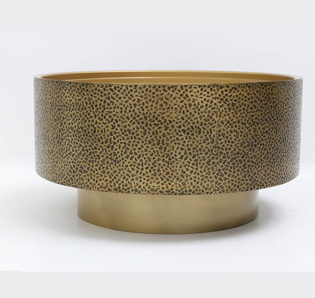 The RAMSHA HOME Luxury Round Iron Side Table GH-090 features a golden finish with a textured design and wide base, displayed against a plain white background.
