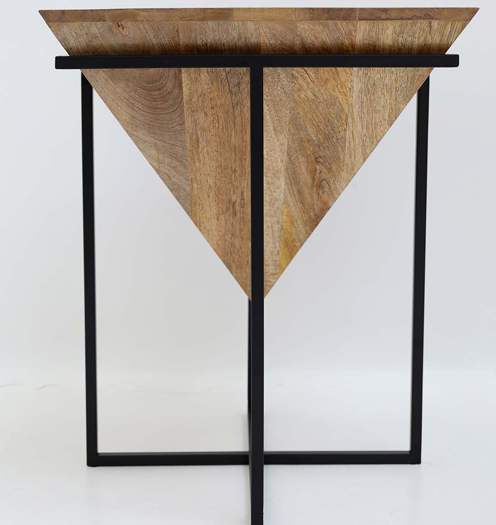 The RAMSHA HOME Modern Cone Accent Side Table (GH-091) features a solid natural wood triangular top angled downward on a minimalist black iron base, shown against a plain white background.