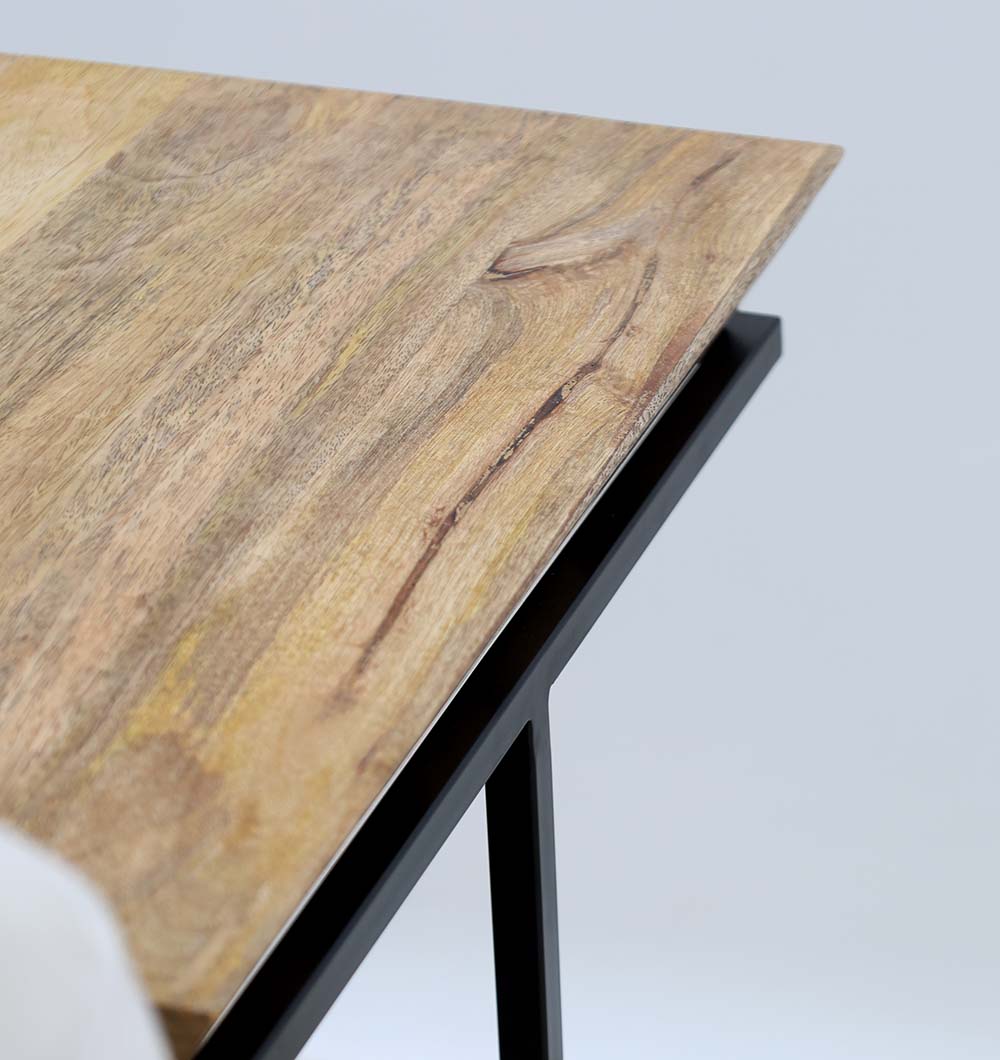 Close-up of the Modern Cone Accent Side Table by RAMSHA HOME (GH-091), showing its natural solid wood top with visible grain and sturdy black iron base, set against a plain light background.