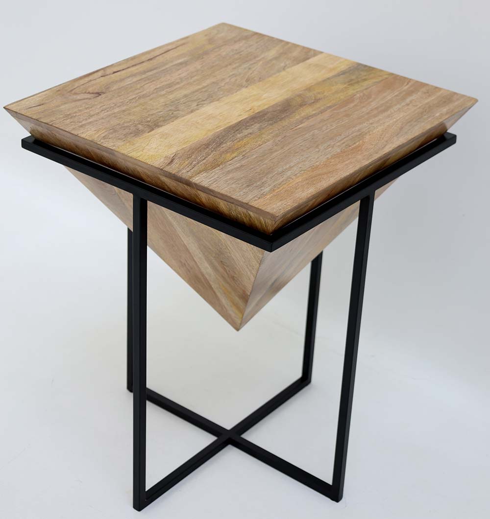 The RAMSHA HOME Modern Cone Accent Side Table (GH-091) features a solid wood top, an inverted pyramid wooden base, and black iron legs in a crisscross design for a contemporary look.