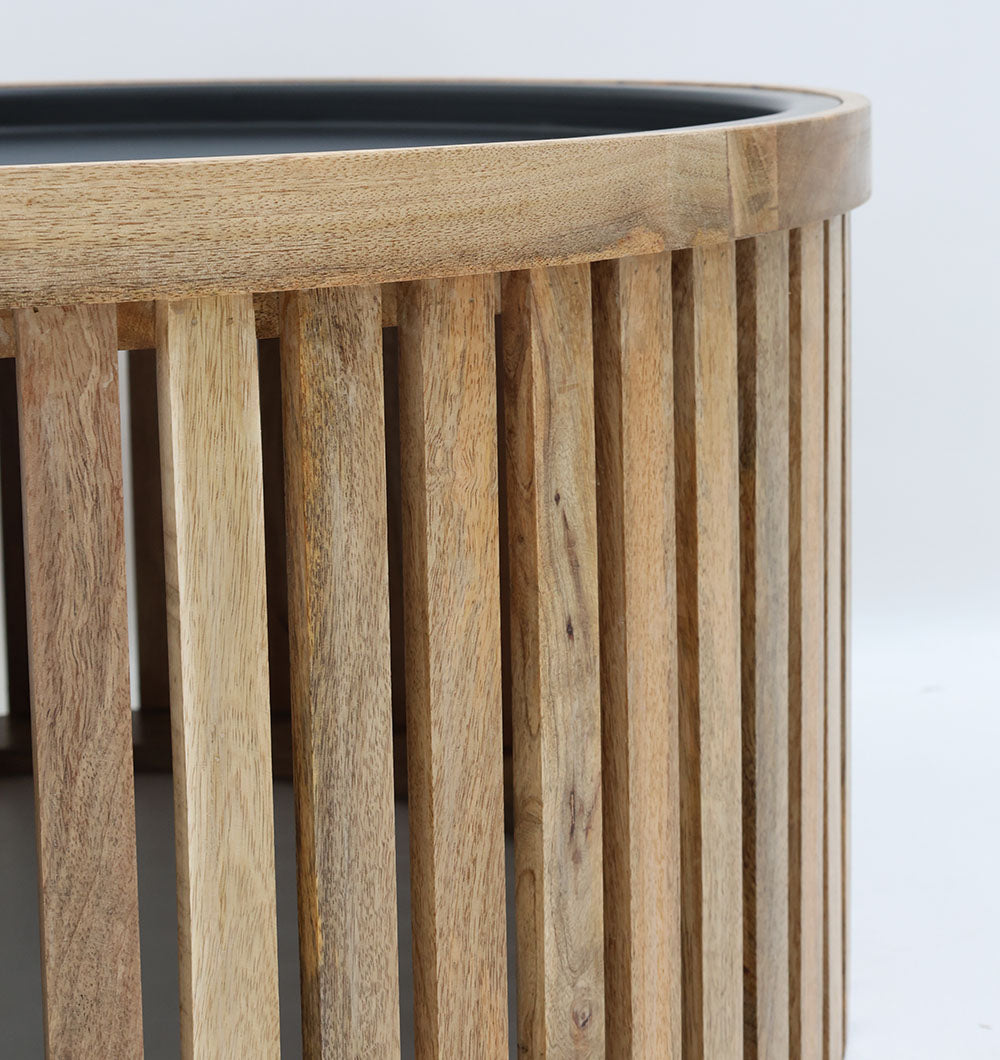 Modern Wooden & Iron Coffee Table – Round Slatted Design GH-093