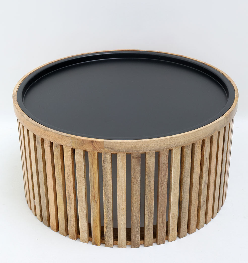 The RAMSHA HOME Modern Wooden & Iron Coffee Table (GH-093) features a round design with vertical slats forming the base and a smooth black tray top, crafted from natural wood, set against a plain white background.