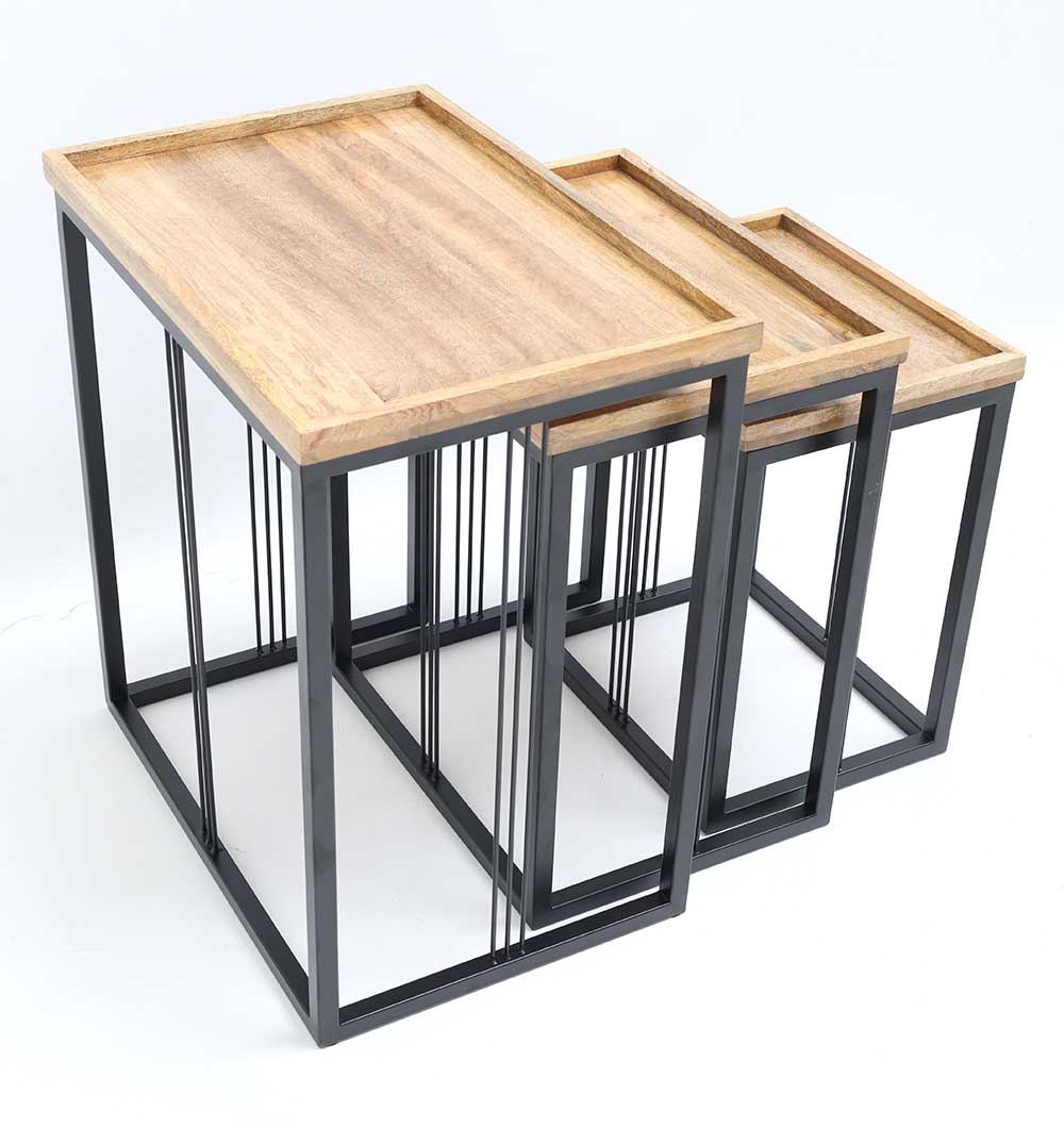 The RAMSHA HOME Modern Three-Tier Side Tables (GH-099-A) feature natural wood-look tops and a black iron base with a powder finish. Their minimalist design lets each table nest neatly, adding geometric style to your space.