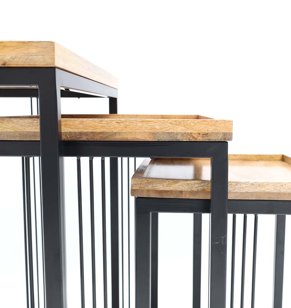 RAMSHA HOME's Modern Three-Tier Side Tables (GH-099-A) feature natural wood-look tops and a black iron base in powder finish, nested in descending size order against a white background.