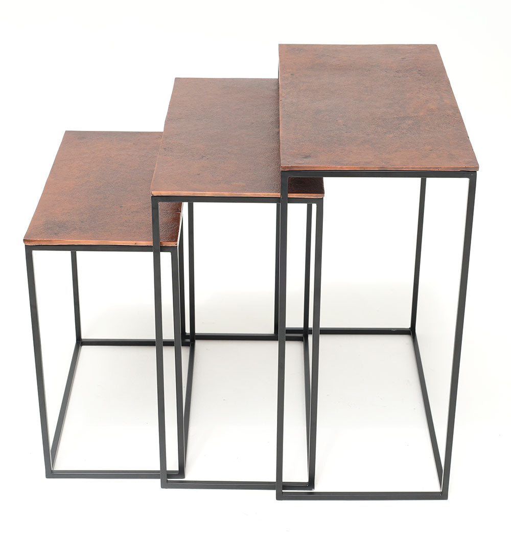 The RAMSHA HOME Modern Three-Tier Side Tables GH-111-B feature rectangular tabletops in a black powder/copper finish and a black iron base, elegantly nested together on a white background.
