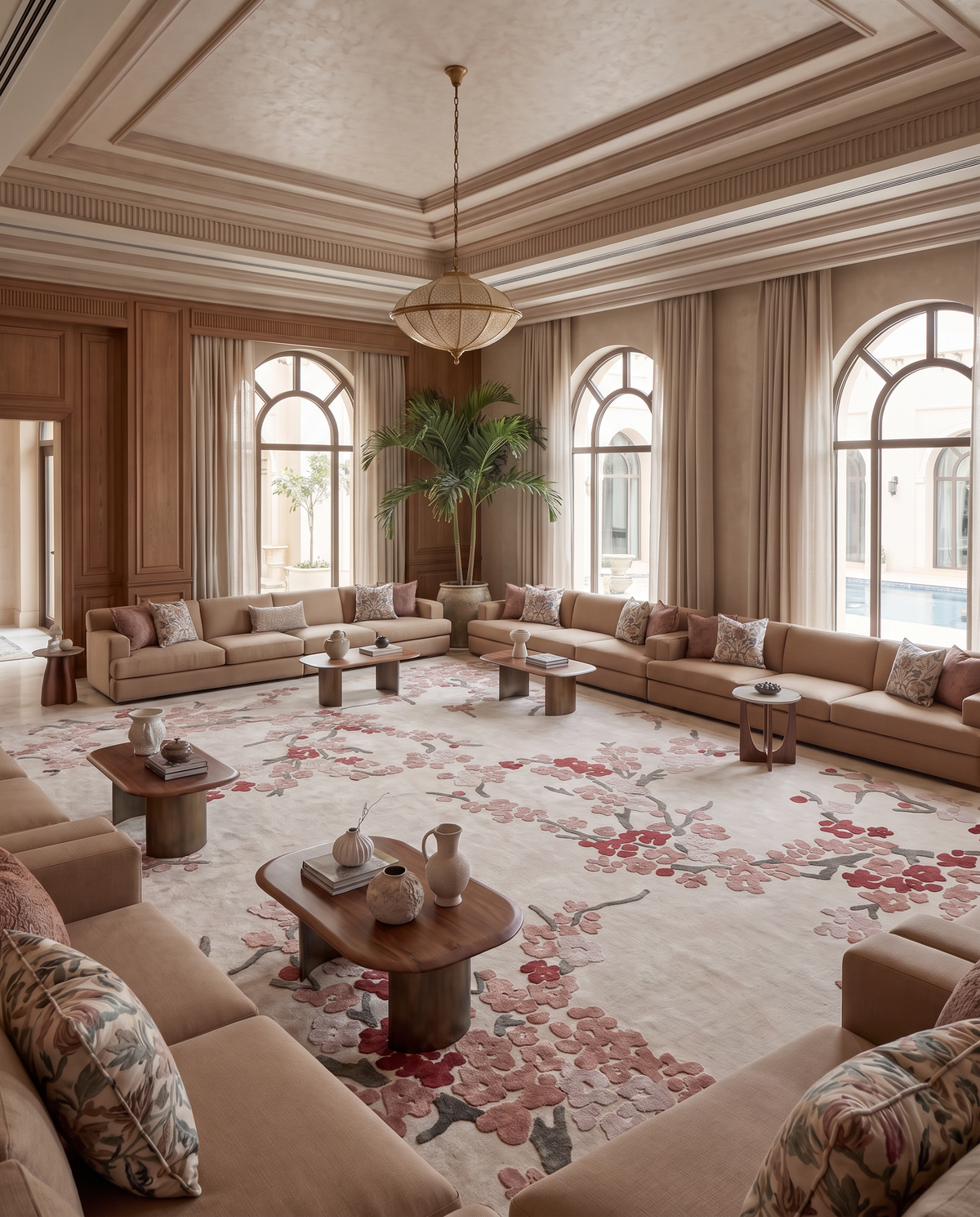 A spacious living room featuring beige sectional sofas arranged in a large U-shape around a Floral Blossom Area Rug – Beige Pink & Terracotta 300x400 CM- HTV-30 by RAMSHA HOME, centered under a large hanging pendant light.