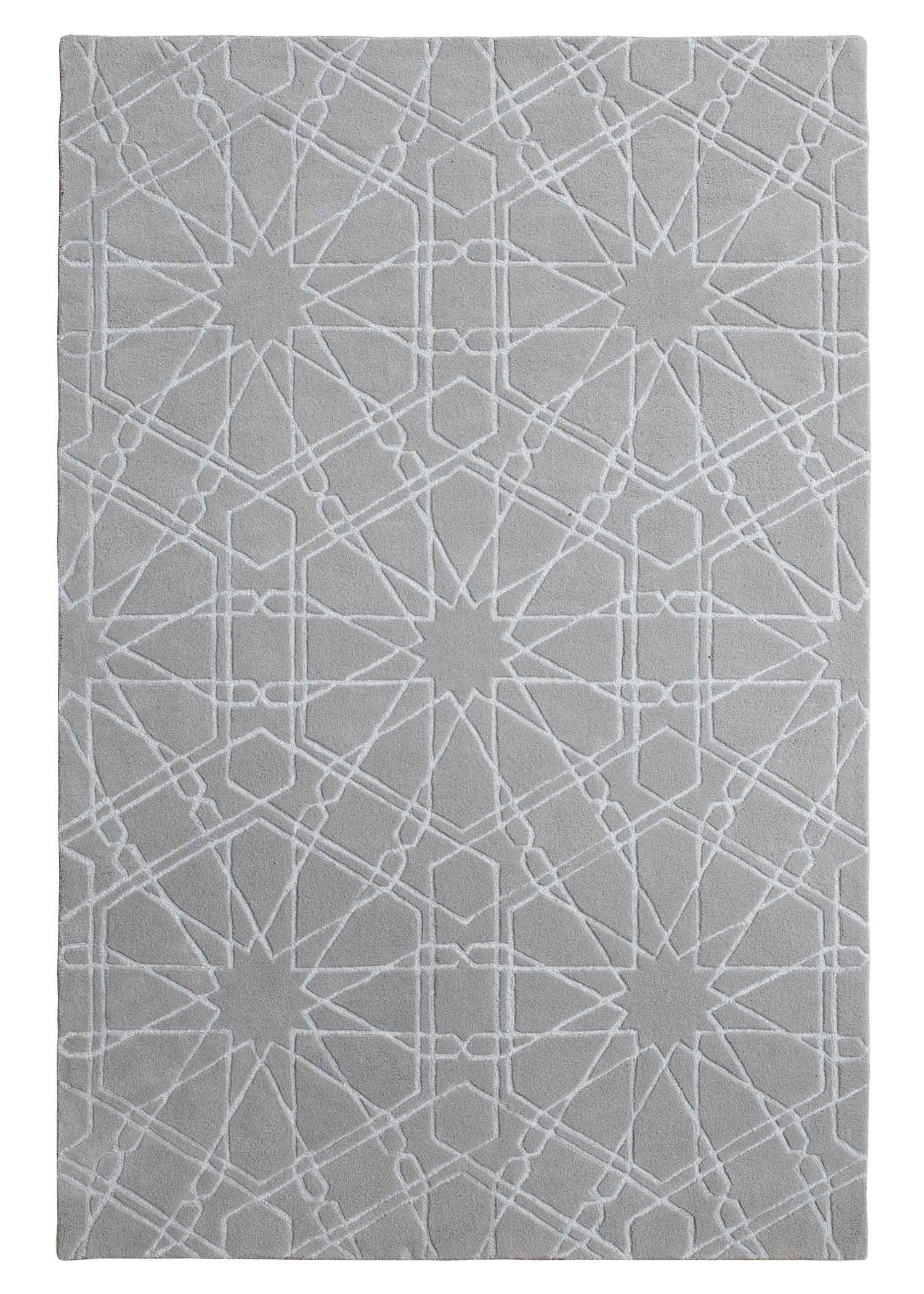 The RAMSHA HOME Decorative Rectangle Shape Rug HTP-15 is a light gray area rug with hand-tufted interlocking line patterns forming star-like shapes and polygons.