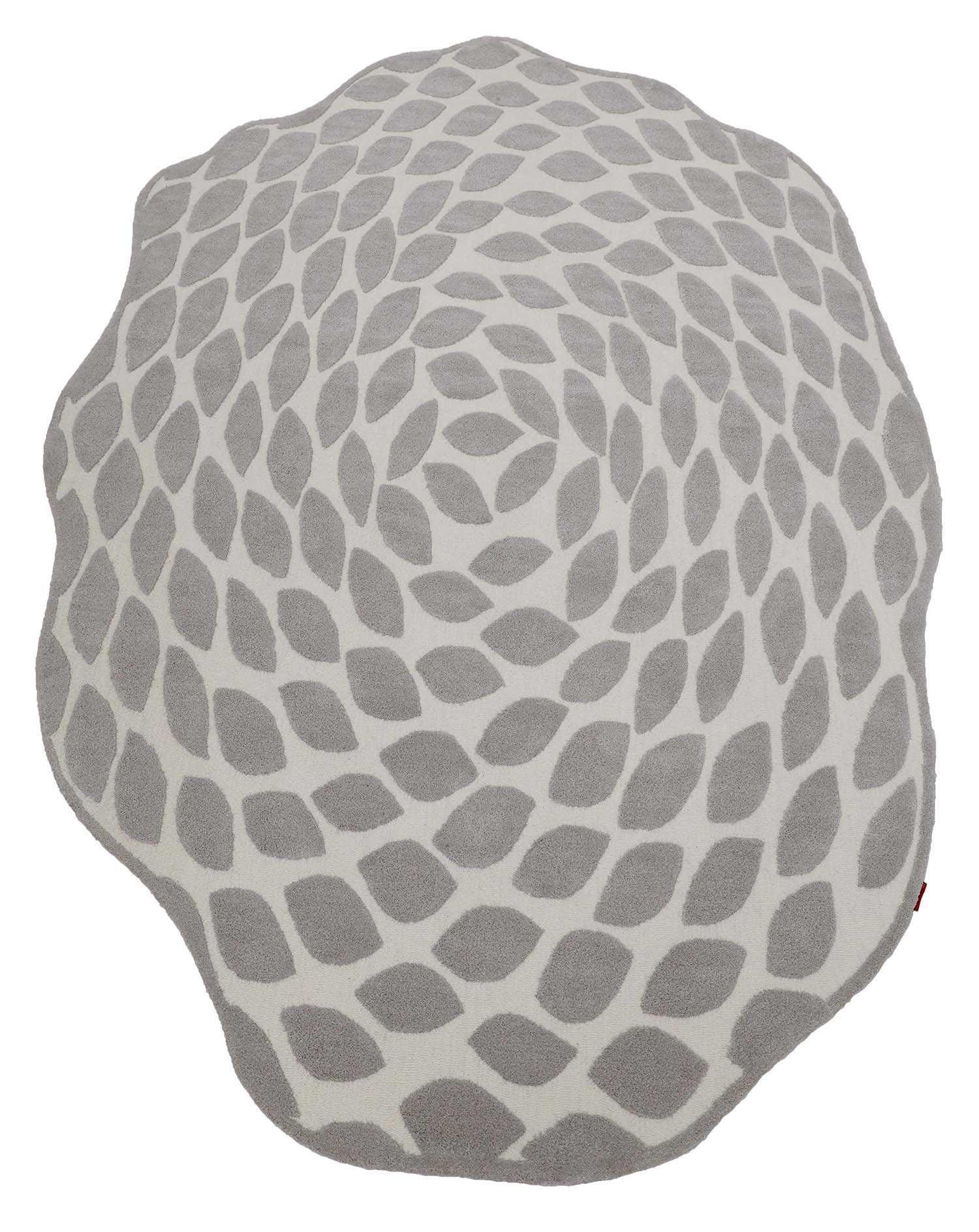 The Handmade Shape Rug HTP-16 by RAMSHA HOME features an irregular, wavy outline with overlapping gray leaf motifs in concentric circles on a light background, bringing artistic flair to any room.
