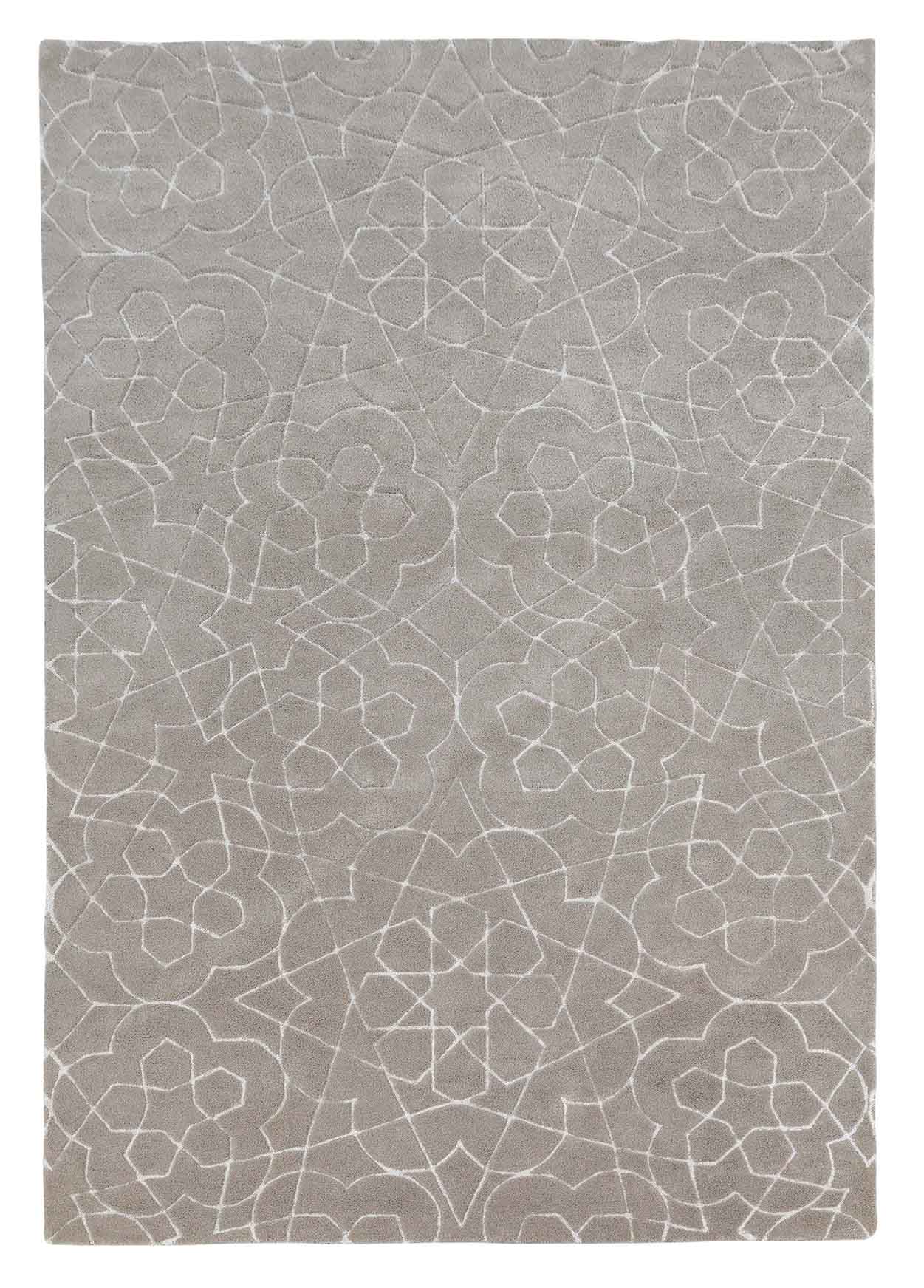 The RAMSHA HOME Home Decor Area Rug HTP-17 is a hand-tufted polyester rug with a light gray background and intricate white geometric and floral patterns, offering a subtle, symmetrical style perfect for any space.