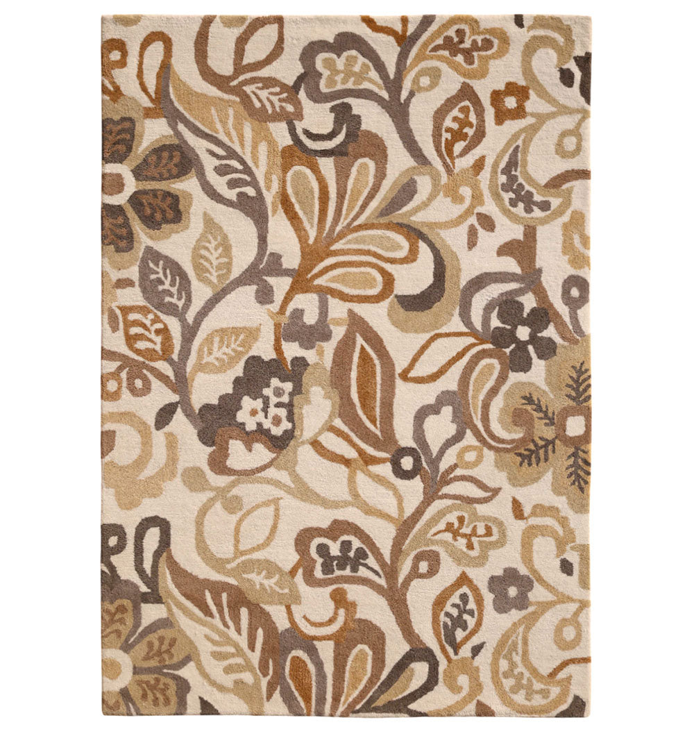 The RAMSHA HOME Modern Polyester Handmade Carpet 170x240 Multi – HTP-24 features a cream base with bold abstract floral and leaf patterns in brown, beige, tan, and dark gray for a warm, cozy look.