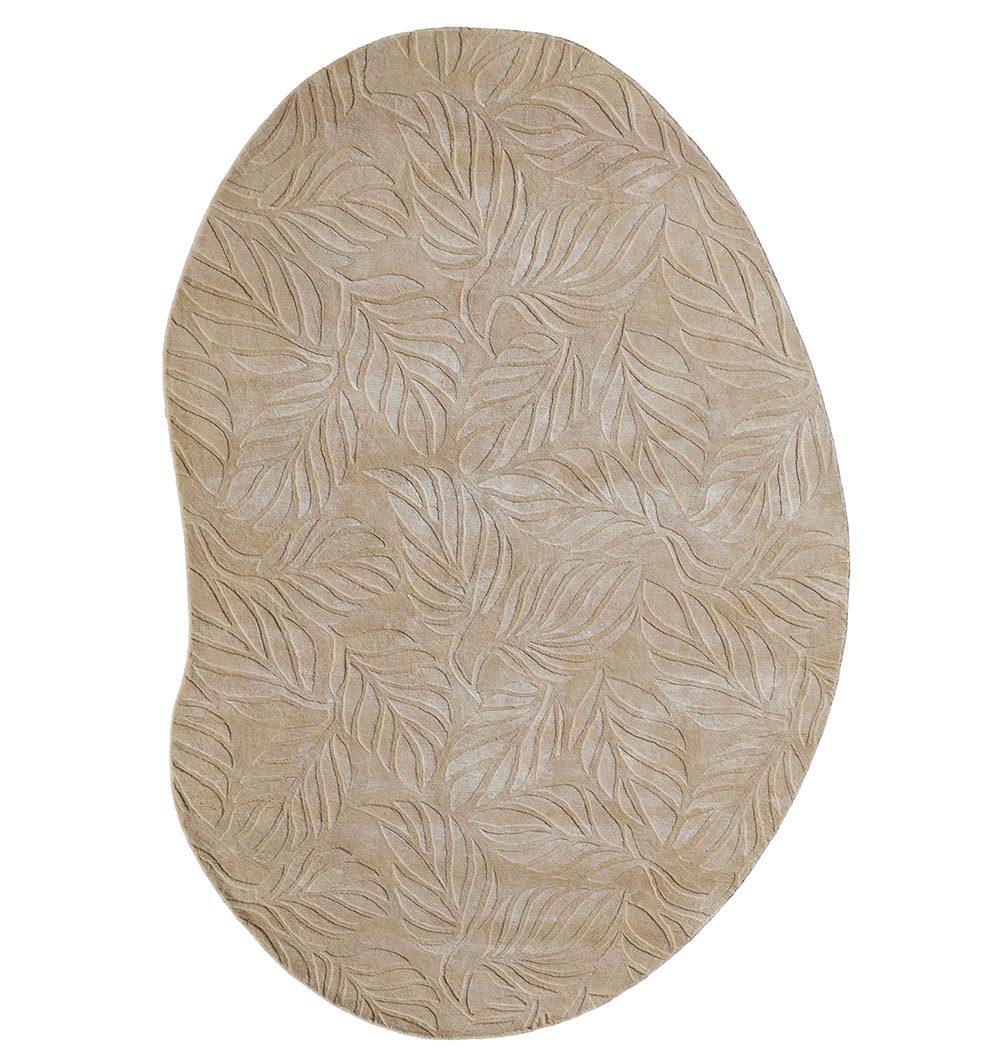 The RAMSHA HOME Beige Color Indoor Handmade Area Rug - HTV 15 features an oval shape and a raised leaf pattern, adding elegance and texture to any space.