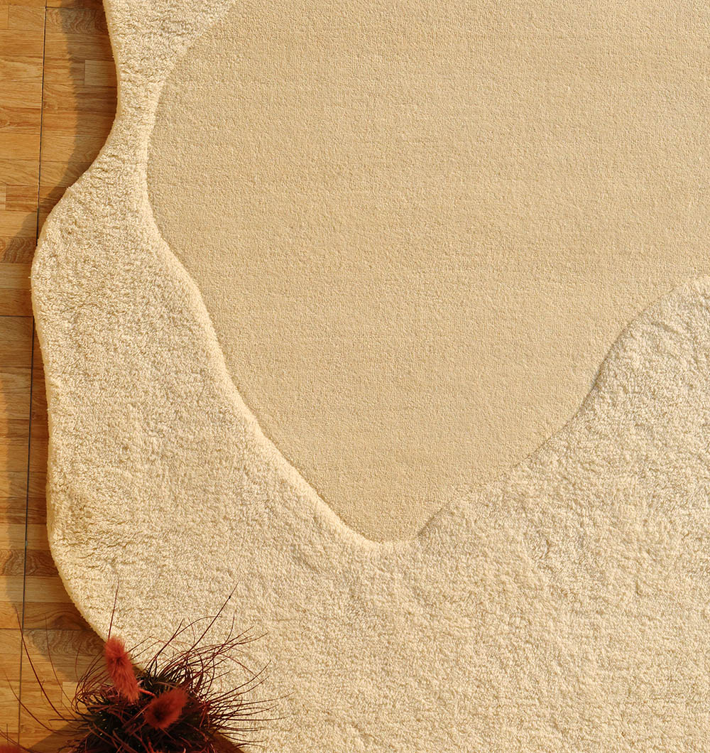 The RAMSHA HOME Handmade Shape Area Rug - HTW 101 in beige wool with a textured edge lies irregularly on a wooden floor, paired with dried brown plants in the lower left for a modern, neutral look.