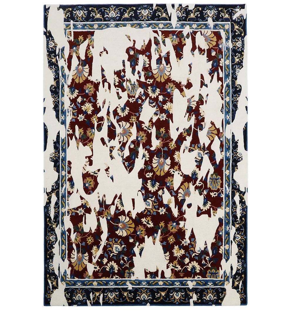 The RAMSHA HOME Multi Color Handmade Area Rug - HTW 111 (300x400 cm) features a vintage-inspired rectangular design with traditional reds, blues, and yellows, accented by large irregular white patches that create an artistic, unique look.