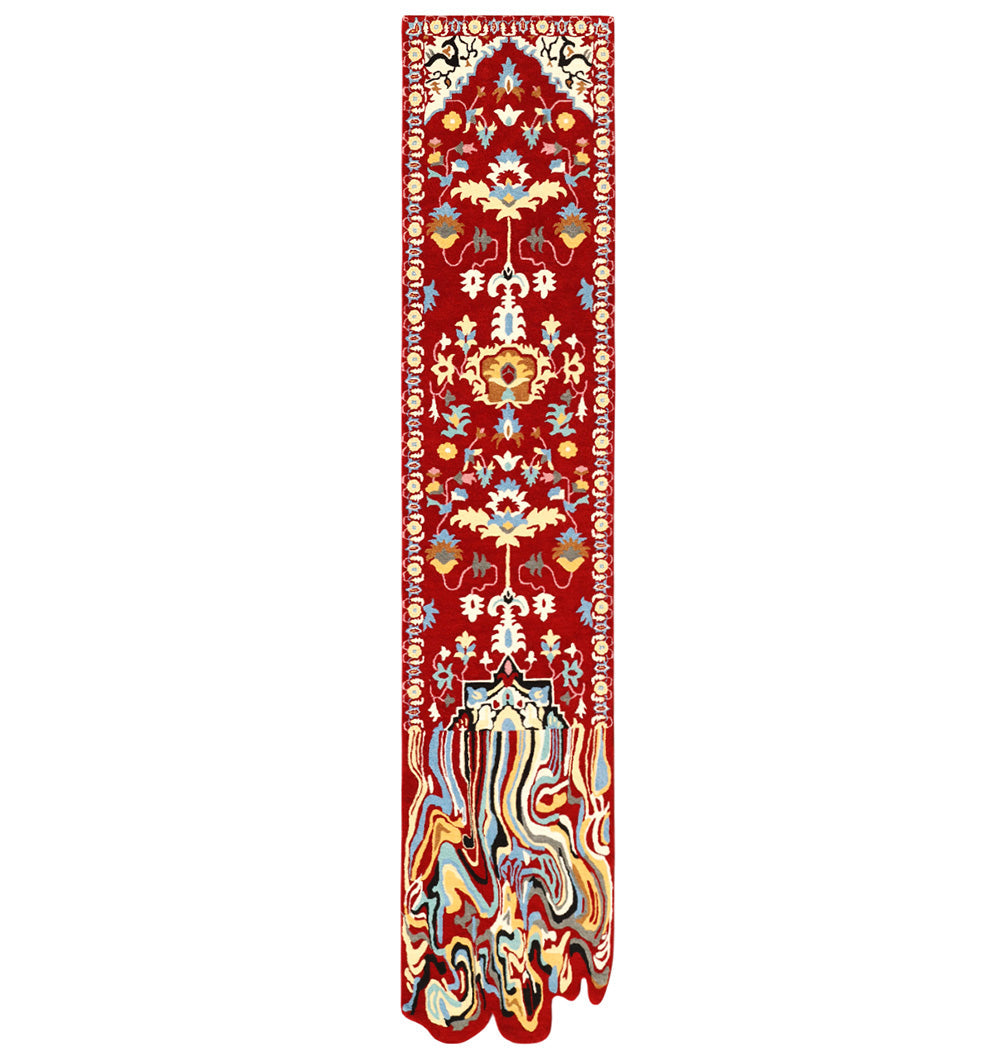 The RAMSHA HOME Decor Handmade Carpet – HTW-118 features a long, ornate red traditional floral runner ending in a unique melted, wavy multicolored form—a modern statement piece for your space.