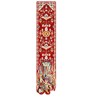 The RAMSHA HOME Decor Handmade Carpet – HTW-118 features a long, ornate red traditional floral runner ending in a unique melted, wavy multicolored form—a modern statement piece for your space.