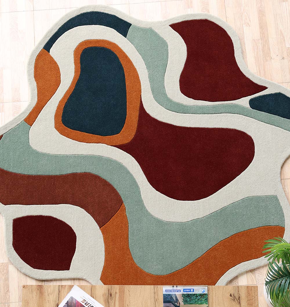 The RAMSHA HOME Handmade Shaped Abstract Round Rug - HTW 121 (200cm) features wavy shapes in burgundy, dark blue, orange, beige, and light gray with organic edges, evoking abstract art for a bold modern statement on your floor.