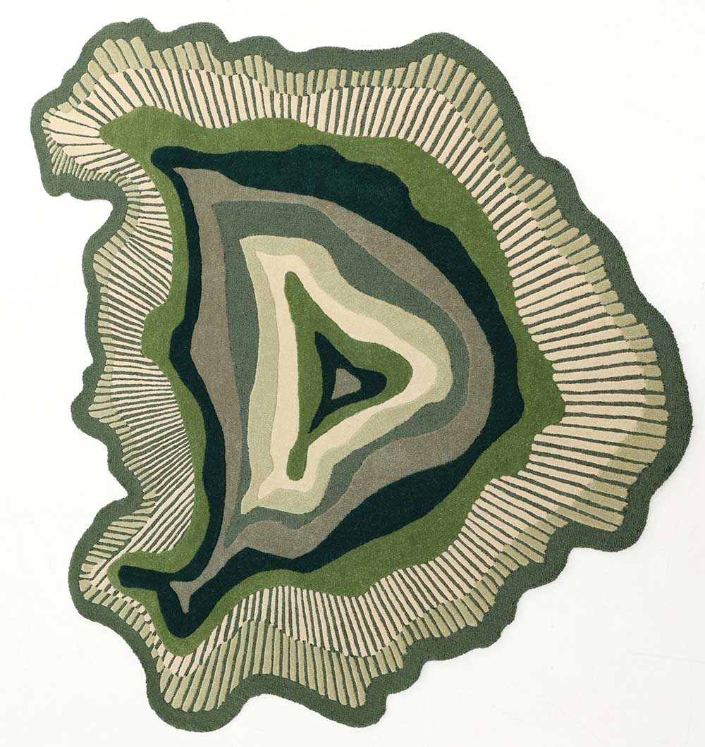The RAMSHA HOME Handmade Organic Green Shaped Rug - HTW 123 (200cm) features abstract, layered patterns in green, beige, and dark gray on white, evoking a topographical map and adding an artistic touch to your space.