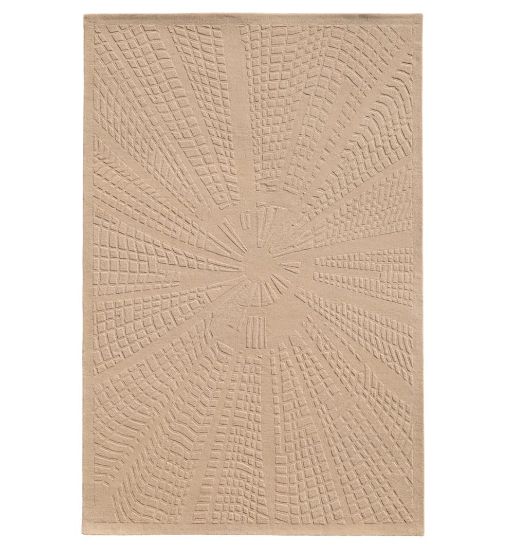 The RAMSHA HOME Rectangle Shape Beige Handmade Area Rug - HTW 132 (200x300 cm) features a textured abstract sunburst pattern with raised and recessed details, adding subtle sophistication and depth to any space.