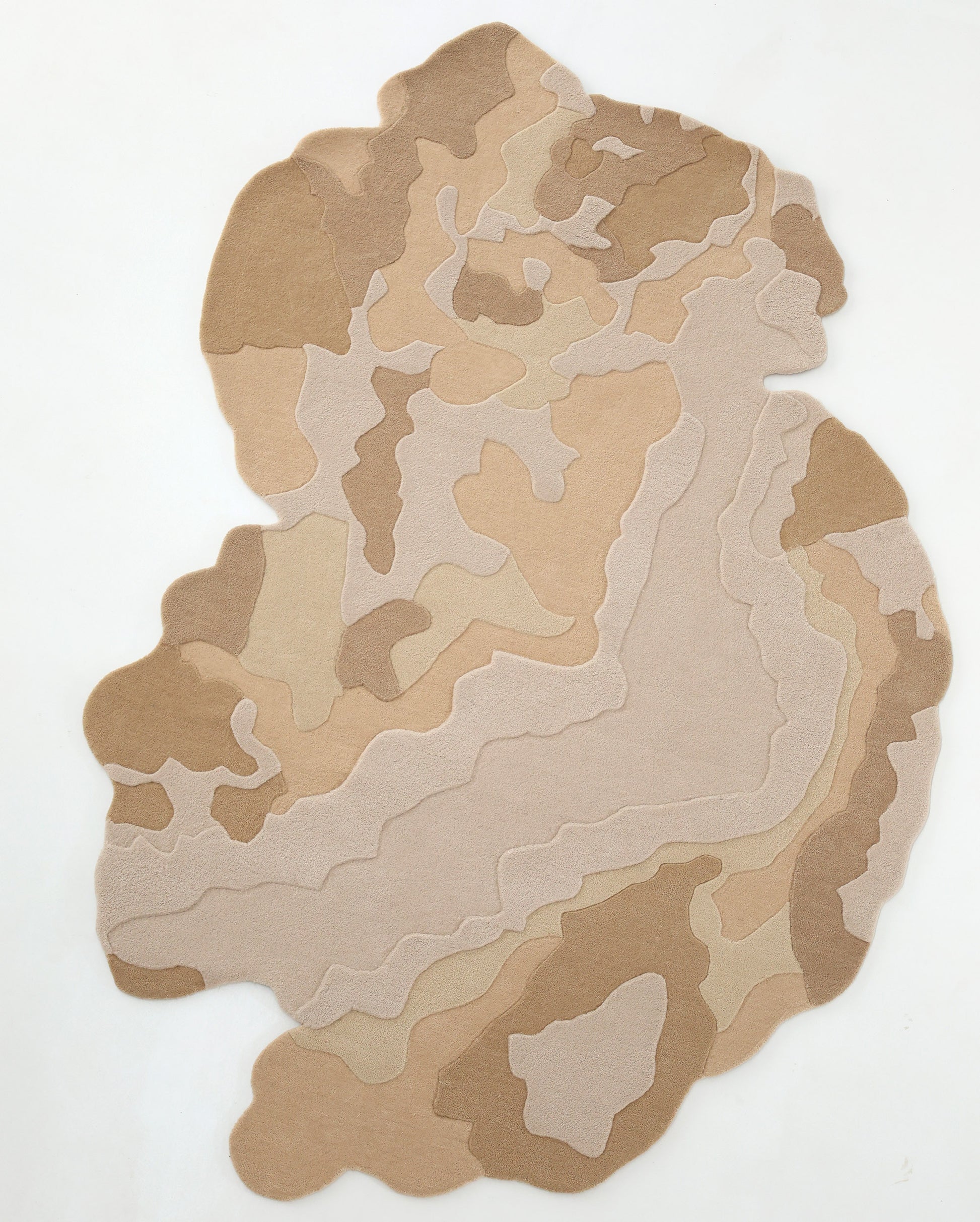 The RAMSHA HOME Contemporary Flow Area Handmade Rug HTWV-153 features an irregular shape with layered abstract beige, tan, and brown patterns, plus a topographic-inspired border on a white background.