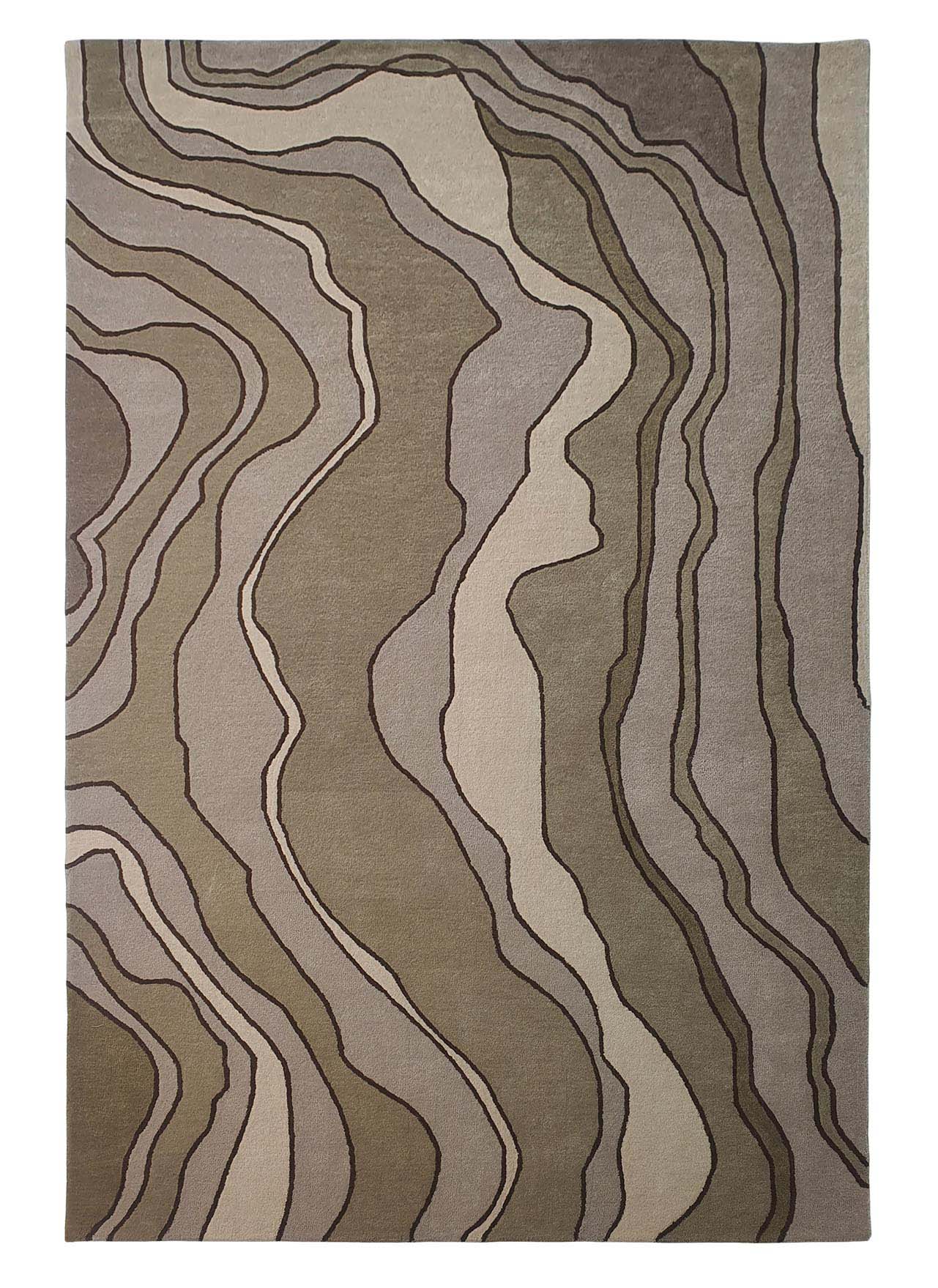 The RAMSHA HOME Beautiful Home Decor Handmade Carpet – HTW-66 is hand tufted from pure wool with an abstract wavy pattern in brown, beige, and gray, resembling topographic map contours in a rectangle shape.