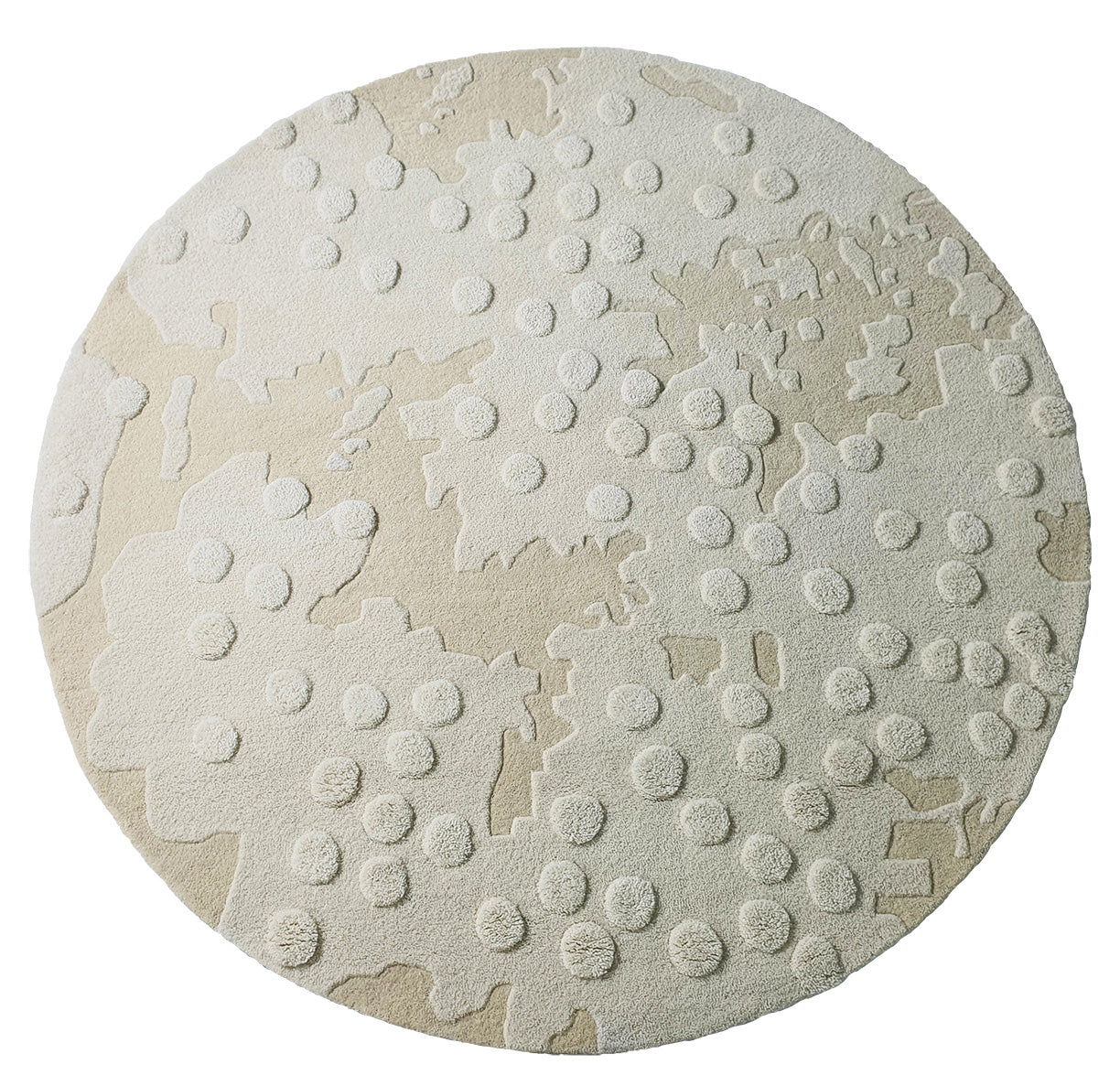 The RAMSHA HOME Round Home Decor Handmade Carpet – HTW-67 is a hand-tufted wool rug in beige and cream, featuring raised circular patterns and abstract shapes for a lunar-inspired look.
