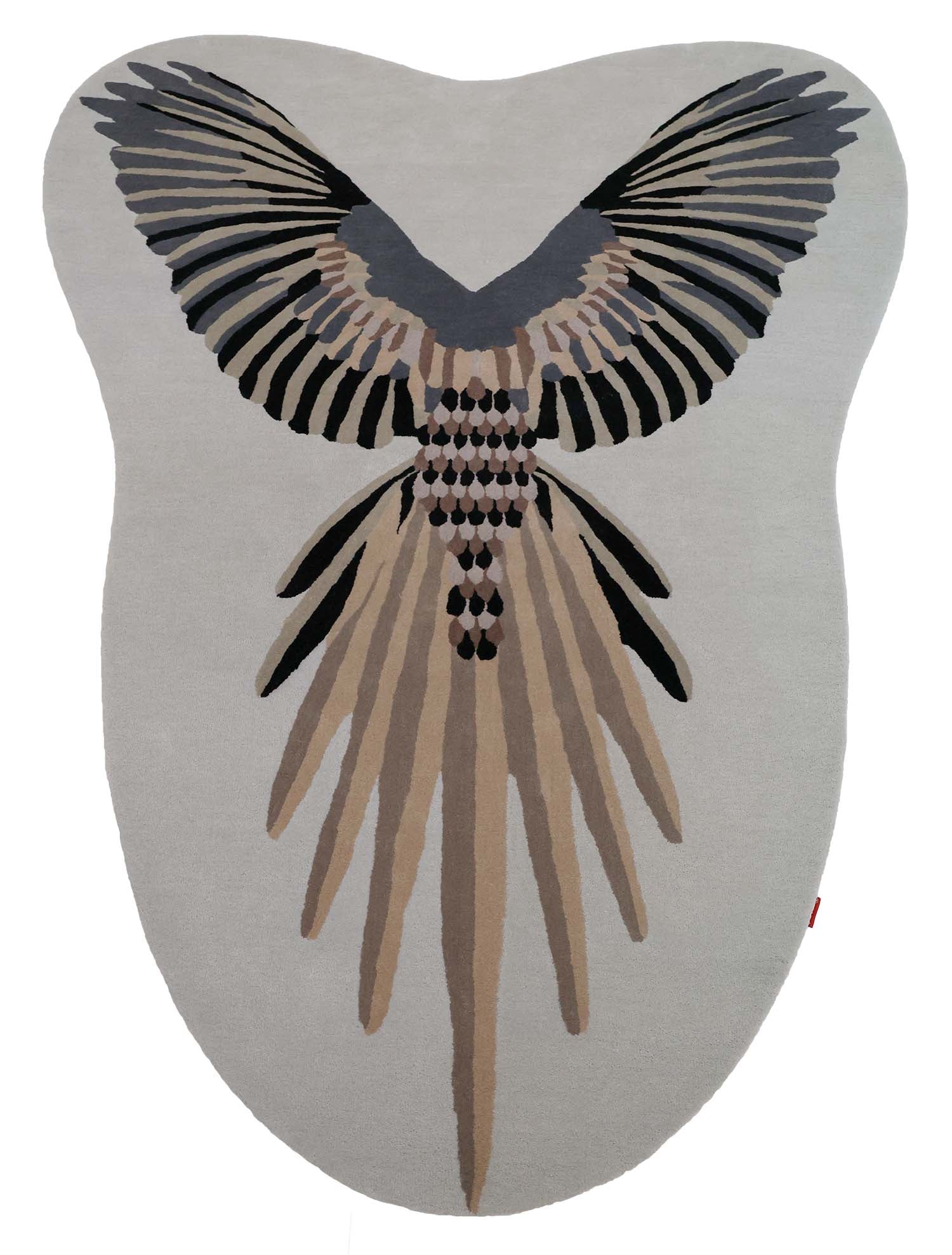 The Unshape Handmade Multi Color Rug HTW-82 by RAMSHA HOME is a hand-tufted wool rug with an irregular shape, displaying a bold bird design in black, grey, and beige over a light background.