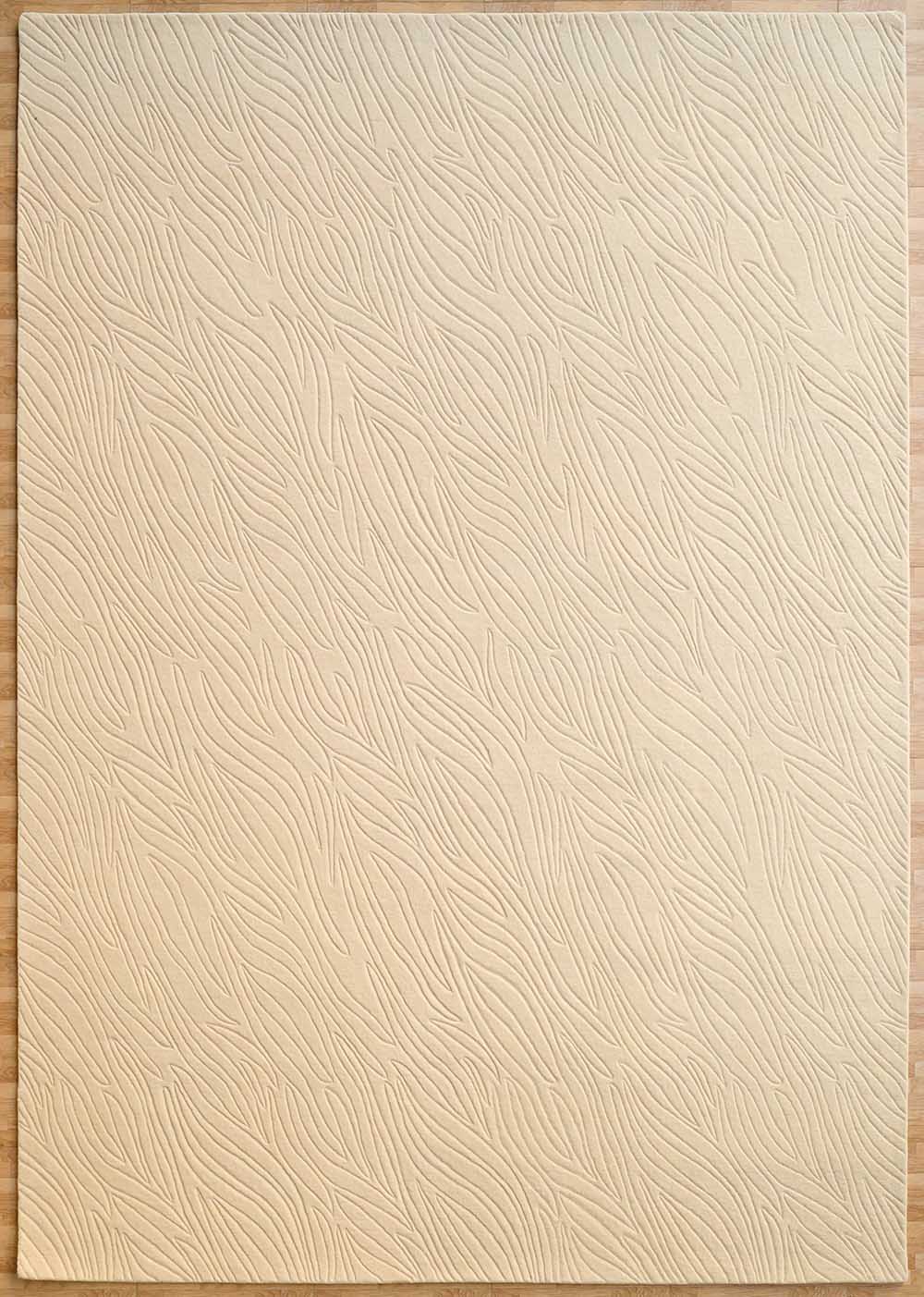 The RAMSHA HOME Natural White Color Handmade Area Rug (HTW-89, 300x400 CM) features a minimalist rectangular design with subtle wavy, leaf-like textured patterns, displayed on a light wooden background.