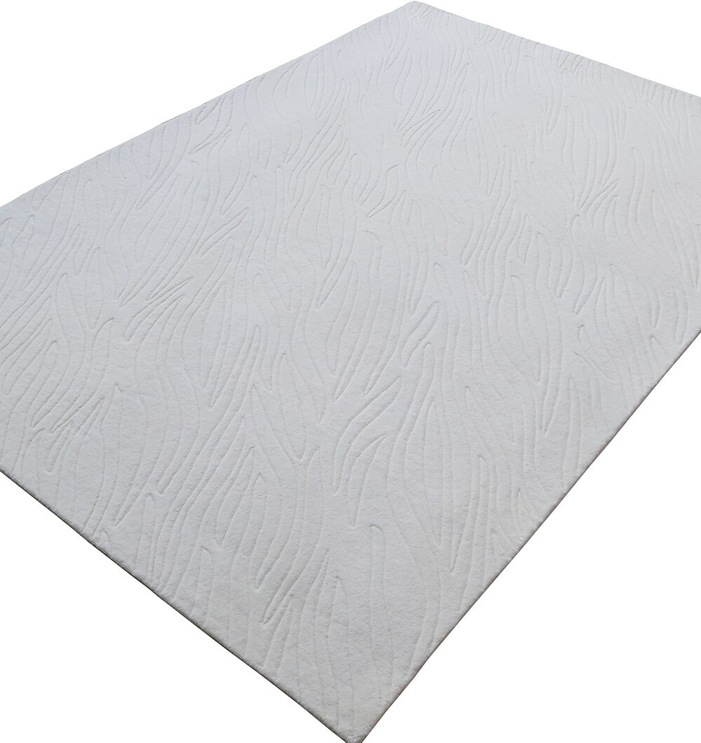 The Off White Color Decor Area Rug - HTW-94 (200x300 CM) by RAMSHA HOME features a minimalist, raised abstract wave pattern on ivory wool, displayed against a plain white background.