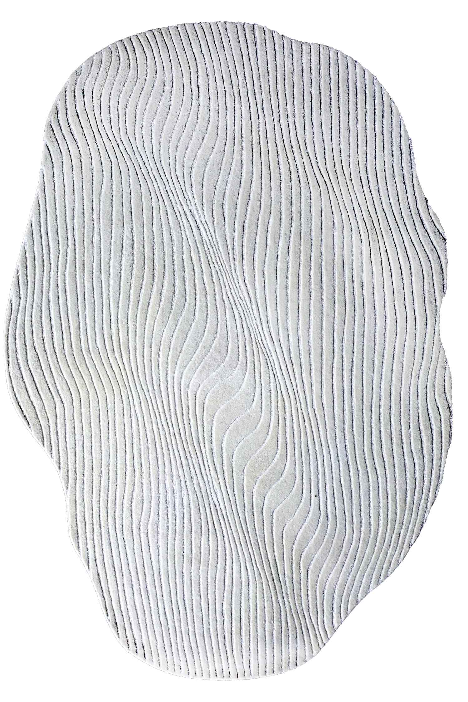 The RAMSHA HOME Hand Tufted Multi Color Decor Rug HTWV-101 features an abstract white design with an irregular organic shape and raised vertical wavy lines, creating a modern, textured look.