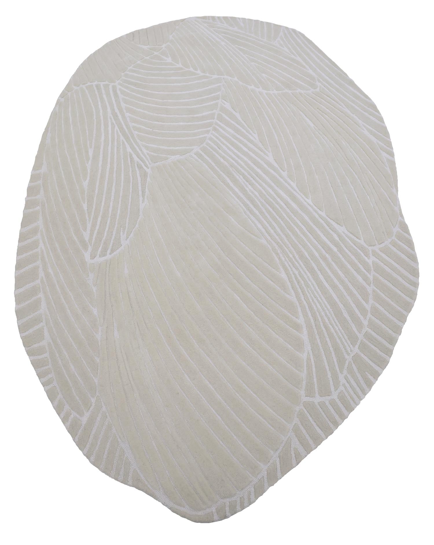 The RAMSHA HOME Handmade Carpet 200x300 cm Shaped Area Rug HTWV-103 features an irregular shape in light beige with a subtle leaf pattern and raised white textured lines outlining each design.