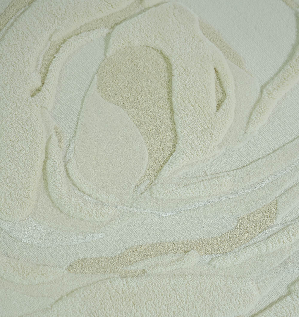 Close-up of RAMSHA HOME's Beige Color Oval Shaped Handmade Rug (HTWV 106, 200x300cm) showing textured cream and beige wavy patterns, evoking a modern, neutral look.