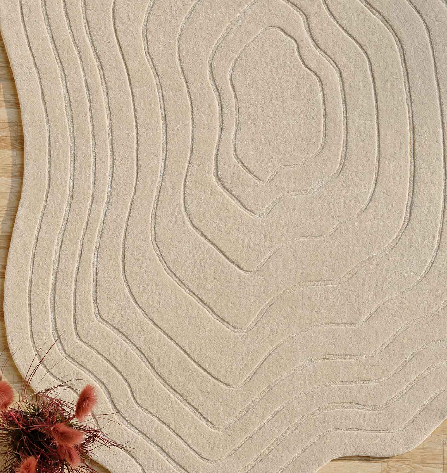 The RAMSHA HOME Hand Tufted Beige Color Decor Rug HTWV-108, featuring raised contour-like lines in a topographic pattern, sits on a wooden floor with reddish-brown dried flowers in the lower left corner.
