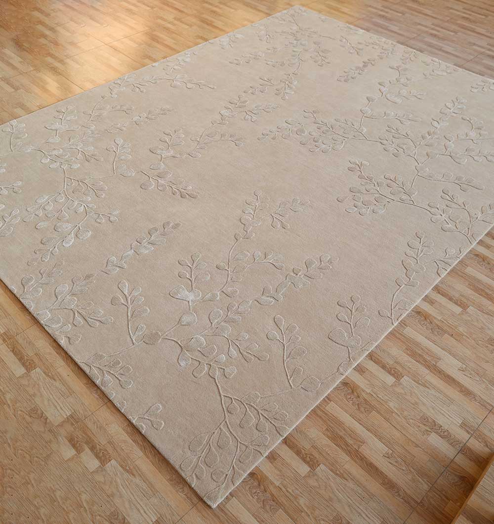 Side view of the rectangular rug, showcasing the durable construction and how its natural color brightens the floor area.