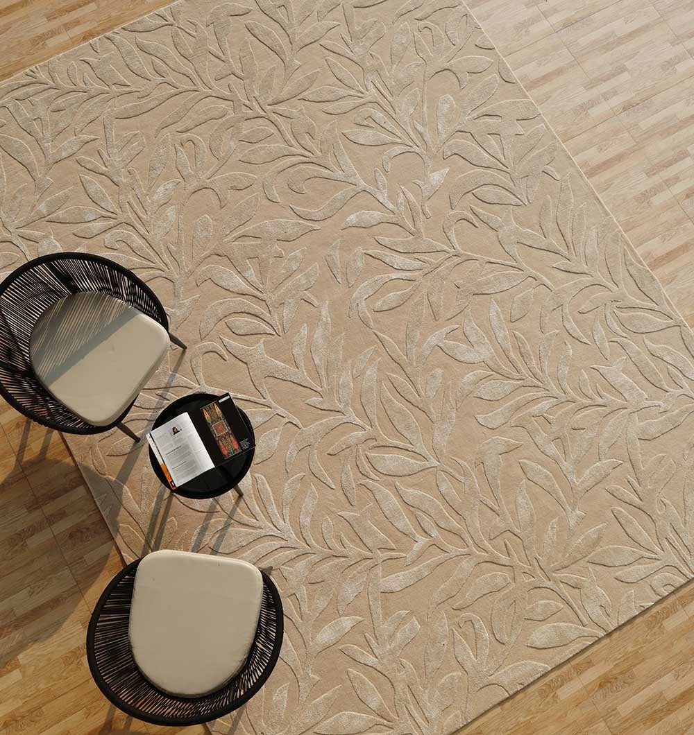 Overhead shot highlighting how the rug enhances the interior, adding warmth and elegance to the home décor.